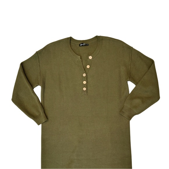 NWOT Long Knit Sweater Dress- Army Green | Button V-Neck + Long Sleeves (M) - Picture 11 of 16